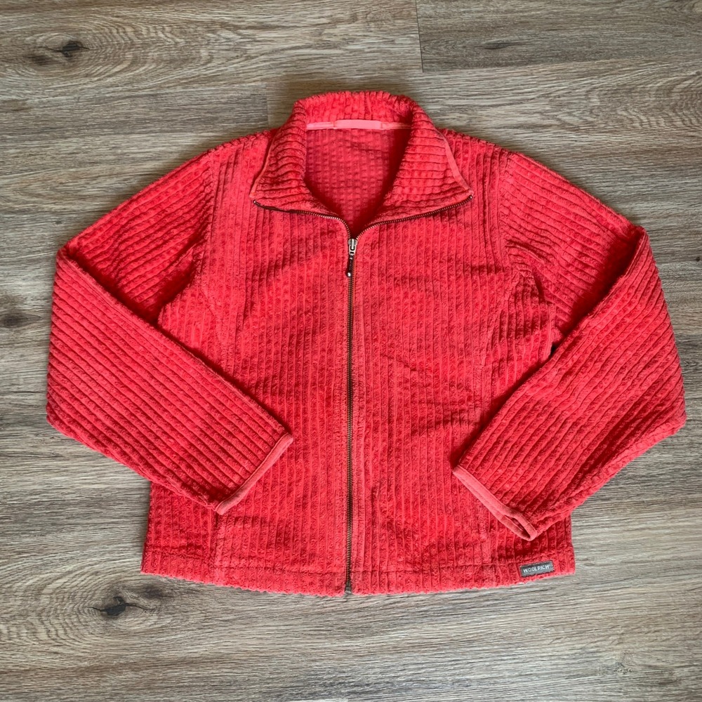 Vintage Y2k Woolrich Womens Ribbed Fleece Full Zip Jacket - Red - Large